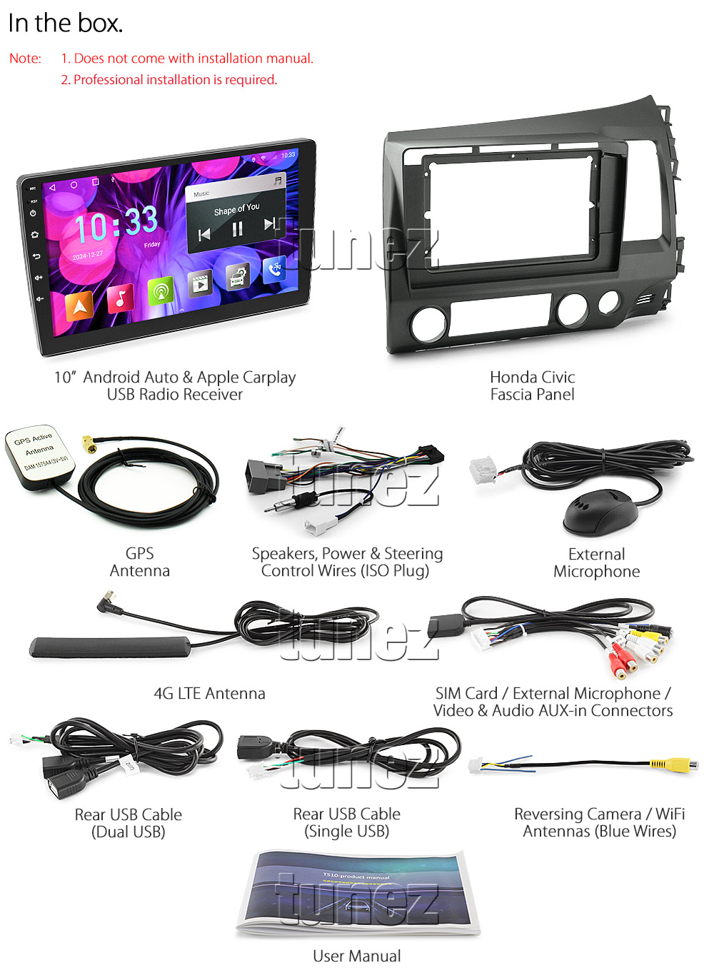 HCVC21AND GPS Aftermarket Honda Civic FD FD1 FD2 Sedan 8th Generation Gen Year 2006 2007 2008 2009 2010 2011 chassis 10-inch touchscreen Universal Double DIN Latest Australia UK European USA Original CarPlay Android Auto 10 Car USB player radio stereo 4G LTE WiFi head unit details Aftermarket External and Internal Microphone Bluetooth Europe Sat Nav Navi Plug and Play ISO Plug Wiring Harness Matching Fascia Kit Facia Free Reversing Camera Album Art ID3 Tag RMVB MP3 MP4 AVI MKV Full High Definition FHD 1080p DAB+ Digital Radio DAB + Connects2 CTSIZ001.2