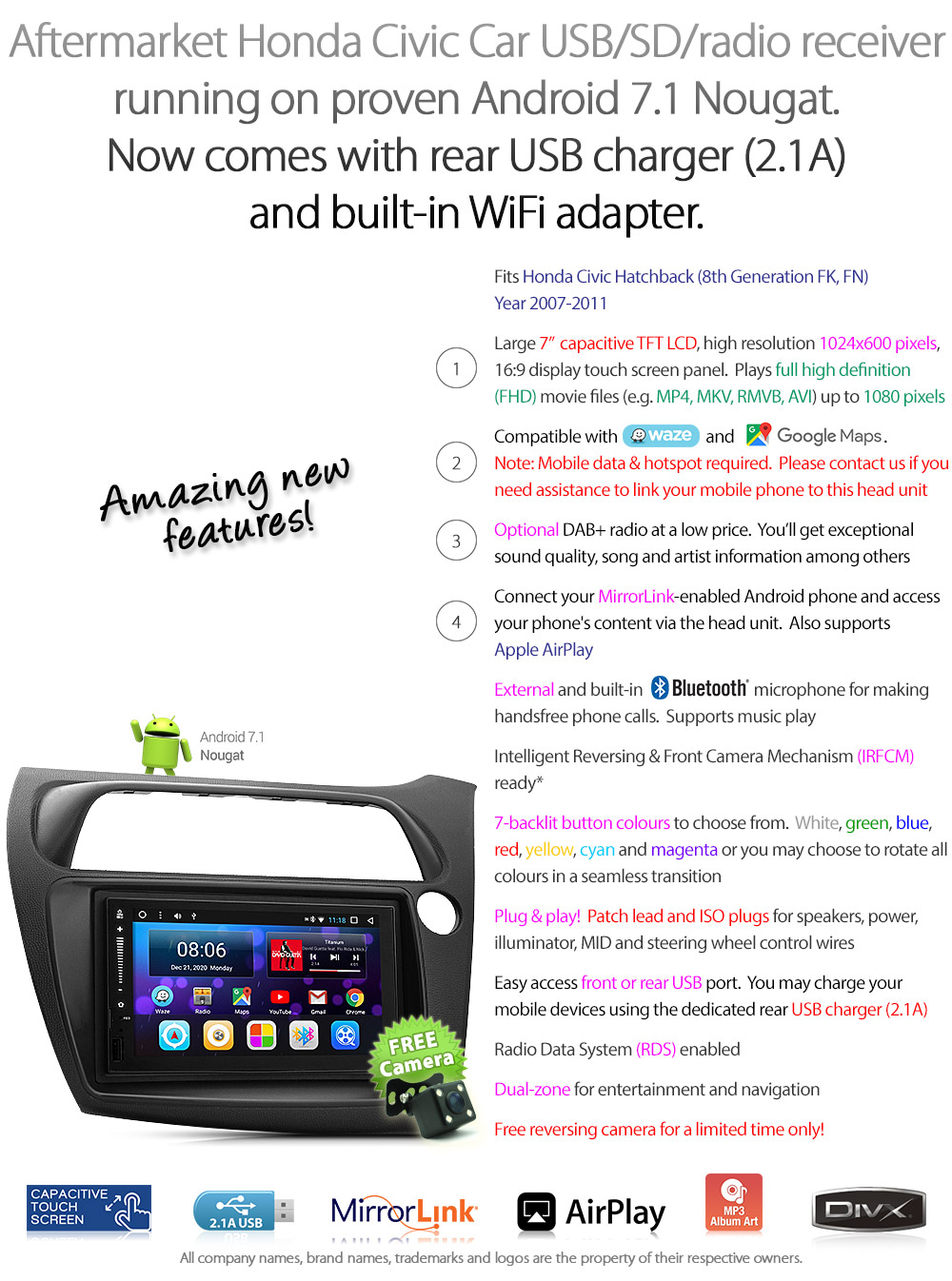 HCVC26AND GPS Aftermarket Honda Civic Hatchback Hatch 3-Door 5-Door 8th Generation Europe European FK FN Year 2007 2008 2009 2010 2011 7-inch Universal Double DIN Latest Australia UK European USA Original Android 7.1 Nougat car USB Charger 2.1A SD player radio stereo head unit details Aftermarket External and Internal Microphone Bluetooth Europe Sat Nav Navi Plug and Play Fascia Kit Right Hand Drive ISO Plug Wiring Harness Steering Wheel Control Double DIN MID Multi-Information Display Patch Lead Connects2 Free Reversing Camera Album Art ID3 Tag RMVB MP3 MP4 AVI MKV Full High Definition FHD Apple AirPlay Air Play MirrorLink Mirror Link 1080p DAB+ Digital Radio DAB +