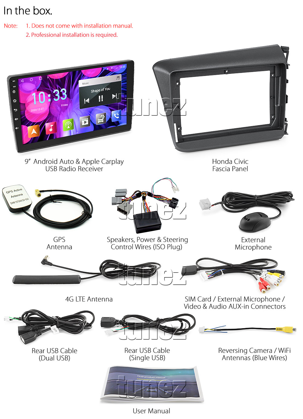 HCVC32AND GPS Honda Civic Sedan 4-Door 9th Gen Generation Europe European FB FB2 FB4 Year 2012 2013 2014 2015 2016 chassis large 9-inch 9' touchscreen Universal Double DIN Latest Australia UK European USA Original CarPlay Android Auto 10 Car USB player radio stereo 4G LTE WiFi head unit details Aftermarket External and Internal Microphone Bluetooth Europe Sat Nav Navi Plug and Play ISO Plug Wiring Harness Matching Fascia Kit Facia Free Reversing Camera Album Art ID3 Tag RMVB MP3 MP4 AVI MKV Full High Definition FHD 1080p DAB+ Digital Radio DAB + Connects2 CTSIZ001.2