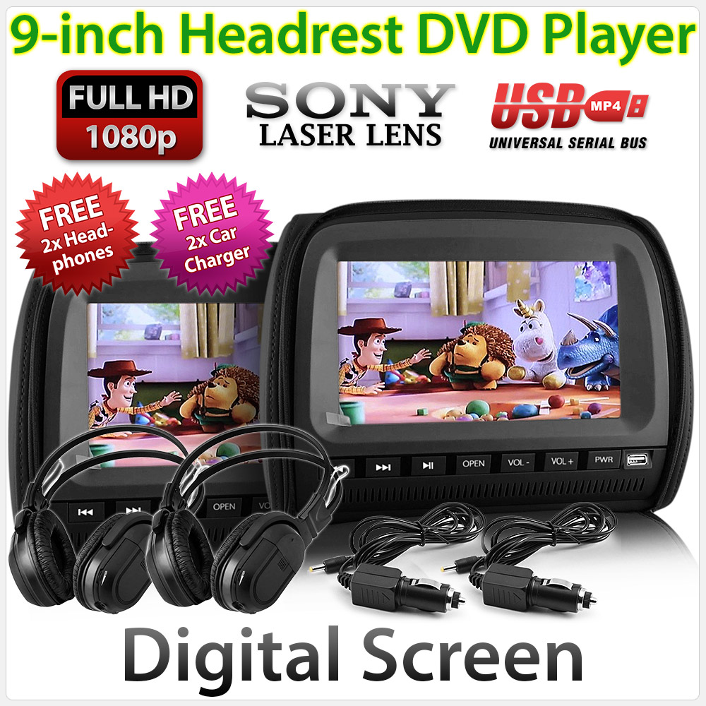 Black 9" Headrest In Car Monitor 2 DVD Players Games Pillow Headphone USB Pair