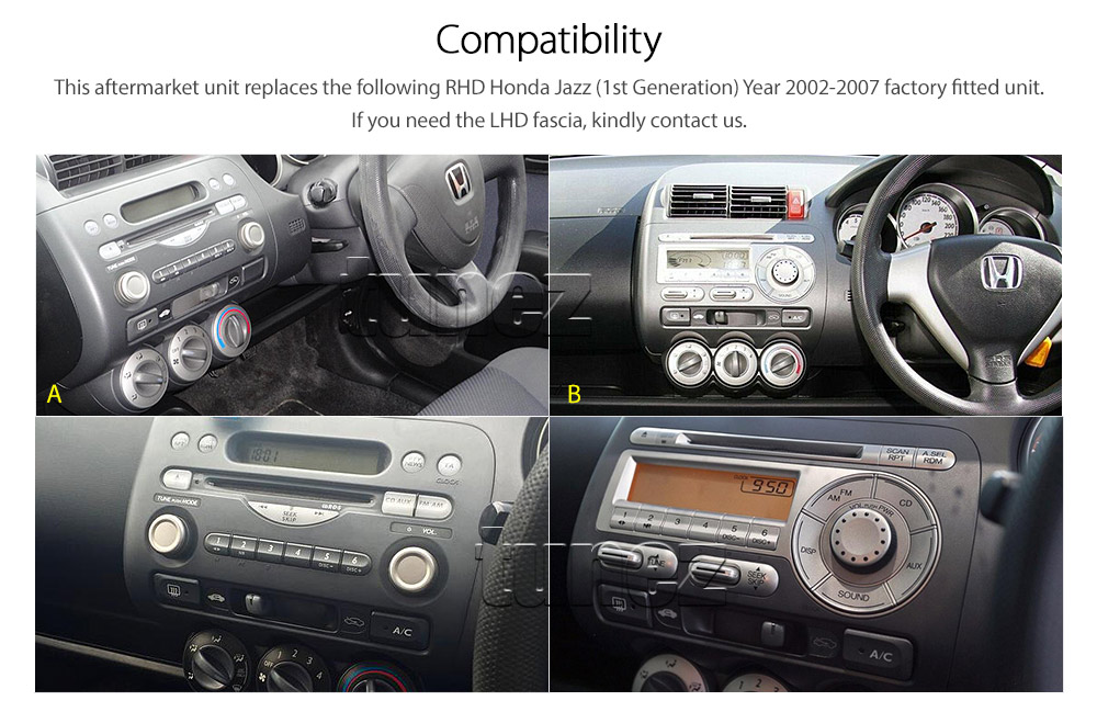 HJAZ09DVD Honda Jazz 1st Generation Gen 2002 2003 2004 2005 2006 2007 7-inch Double-DIN car DVD CD USB SD Card player radio stereo head unit details Aftermarket MP4 MKV RMVB AVI 1080p Full High Definition FHD External Bluetooth Microphone UK Europe Australia USA Fascia Facia Kit Panel Trim ISO Plug Wiring Harness Radio Adapter Free Reversing Camera 3.5mm AUX-in Plug and Play Installation Dimension tunez tunezmart Patch Lead Connects2