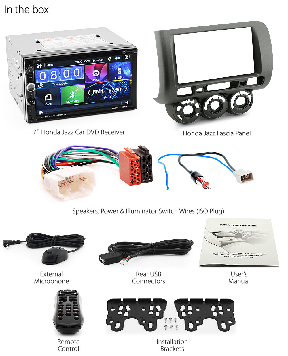 HJAZ09DVD Honda Jazz 1st Generation Gen 2002 2003 2004 2005 2006 2007 7-inch Double-DIN car DVD CD USB SD Card player radio stereo head unit details Aftermarket MP4 MKV RMVB AVI 1080p Full High Definition FHD External Bluetooth Microphone UK Europe Australia USA Fascia Facia Kit Panel Trim ISO Plug Wiring Harness Radio Adapter Free Reversing Camera 3.5mm AUX-in Plug and Play Installation Dimension tunez tunezmart Patch Lead Connects2