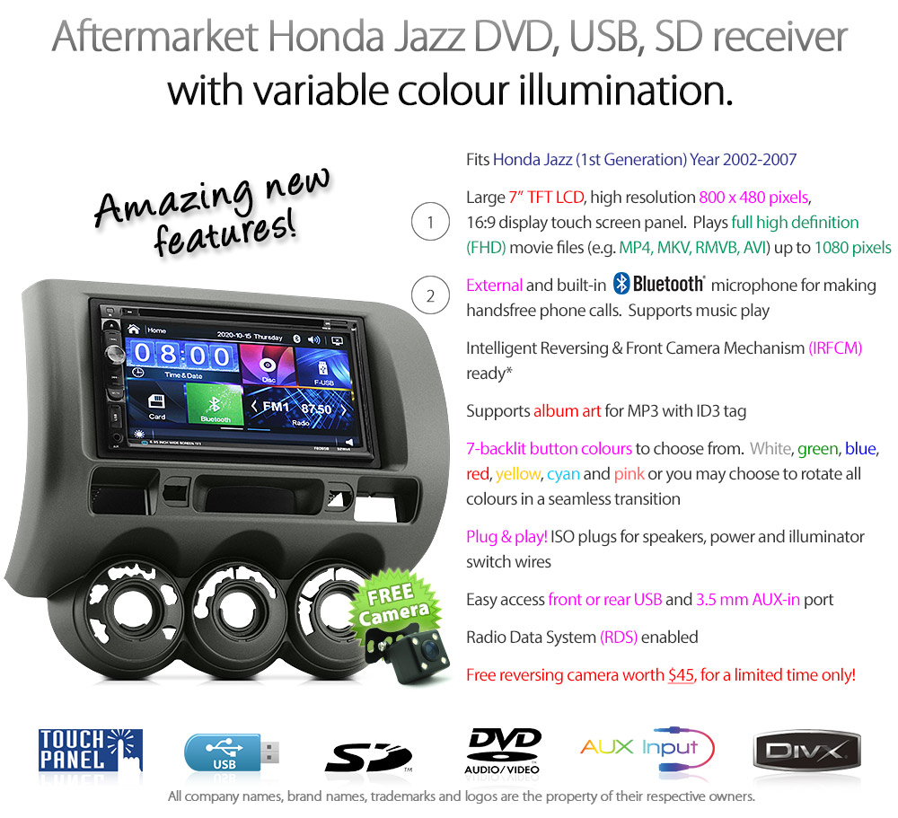 HJAZ09DVD Honda Jazz 1st Generation Gen 2002 2003 2004 2005 2006 2007 7-inch Double-DIN car DVD CD USB SD Card player radio stereo head unit details Aftermarket MP4 MKV RMVB AVI 1080p Full High Definition FHD External Bluetooth Microphone UK Europe Australia USA Fascia Facia Kit Panel Trim ISO Plug Wiring Harness Radio Adapter Free Reversing Camera 3.5mm AUX-in Plug and Play Installation Dimension tunez tunezmart Patch Lead Connects2