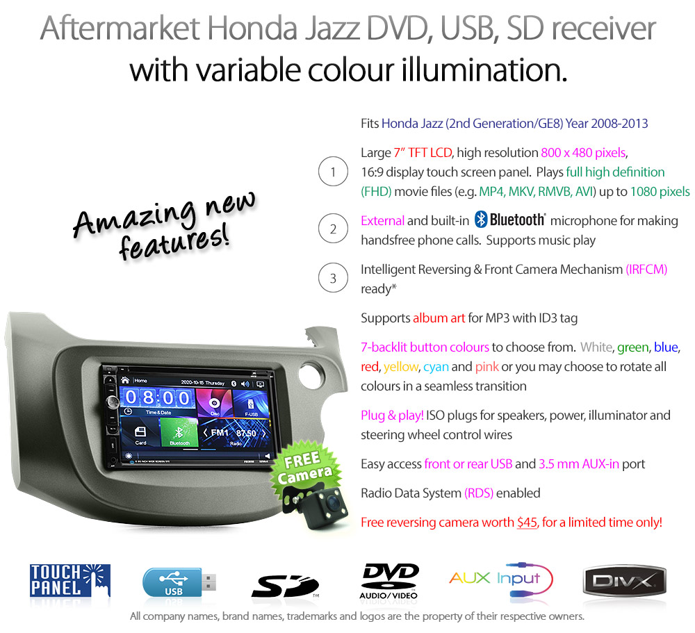 HJAZ11DVD Honda Jazz Fits 2nd Generation Gen GE8 2008 2009 2010 2011 2012 2013 7-inch Double-DIN car DVD CD USB SD Card player radio stereo head unit details Aftermarket RMVB MP3 MP4 AVI MKV 1080p External Bluetooth Microphone UK Europe Australia USA Fascia Facia Kit ISO Wiring Harness Free Reversing Camera Full High Definition FHD 3.5mm AUX-in Plug and Play Installation Dimension tunez tunezmart Patch Lead Steering Wheel Control Compatible SWC Connects2