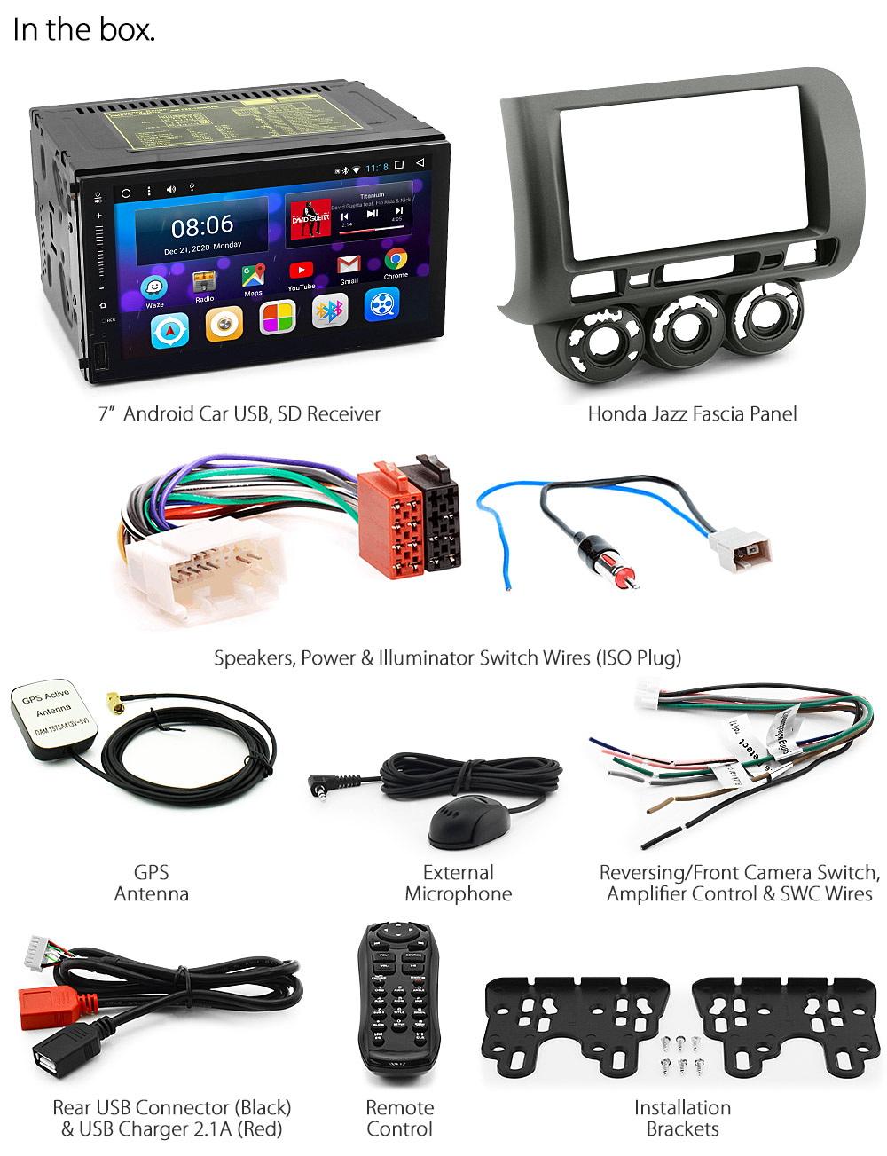 HJAZ17AND GPS Honda Jazz Fit 1st Generation Gen 2002 2003 2004 2005 2006 2007 7-inch Universal Double DIN Latest Australia UK European USA Original Android 7.1 Nougat car USB Charger 2.1A SD player radio stereo head unit details Aftermarket External and Internal Microphone Bluetooth Europe Sat Nav Navi Plug and Play ISO Plug Wiring Harness Matching Fascia Kit Facia Free Reversing Camera Album Art ID3 Tag RMVB MP3 MP4 AVI MKV Full High Definition FHD AirPlay Air Play MirrorLink Mirror Link 1080p DAB+ Digital Radio DAB +