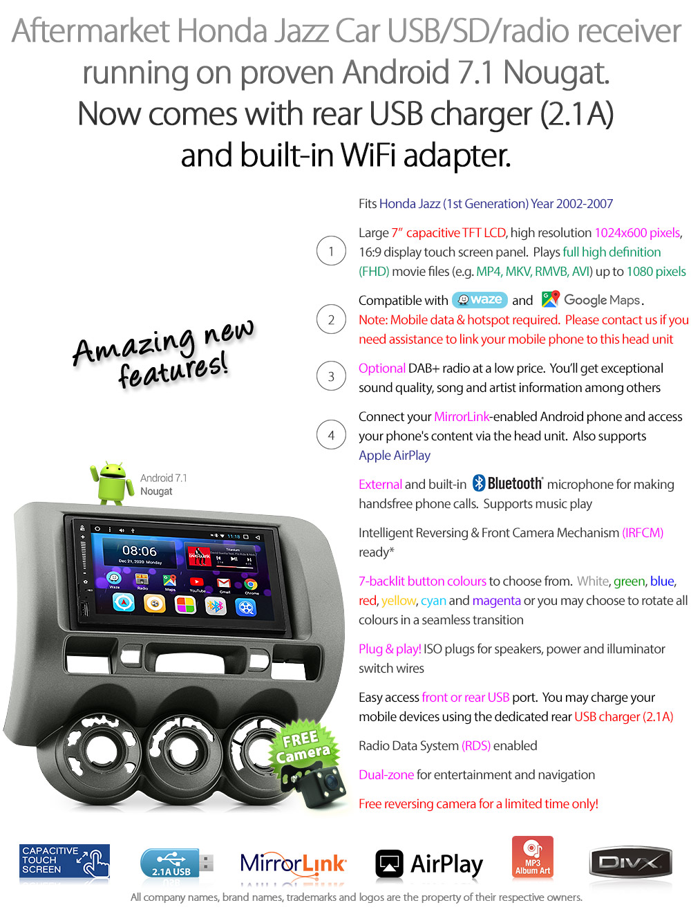 HJAZ17AND GPS Honda Jazz Fit 1st Generation Gen 2002 2003 2004 2005 2006 2007 7-inch Universal Double DIN Latest Australia UK European USA Original Android 7.1 Nougat car USB Charger 2.1A SD player radio stereo head unit details Aftermarket External and Internal Microphone Bluetooth Europe Sat Nav Navi Plug and Play ISO Plug Wiring Harness Matching Fascia Kit Facia Free Reversing Camera Album Art ID3 Tag RMVB MP3 MP4 AVI MKV Full High Definition FHD AirPlay Air Play MirrorLink Mirror Link 1080p DAB+ Digital Radio DAB +