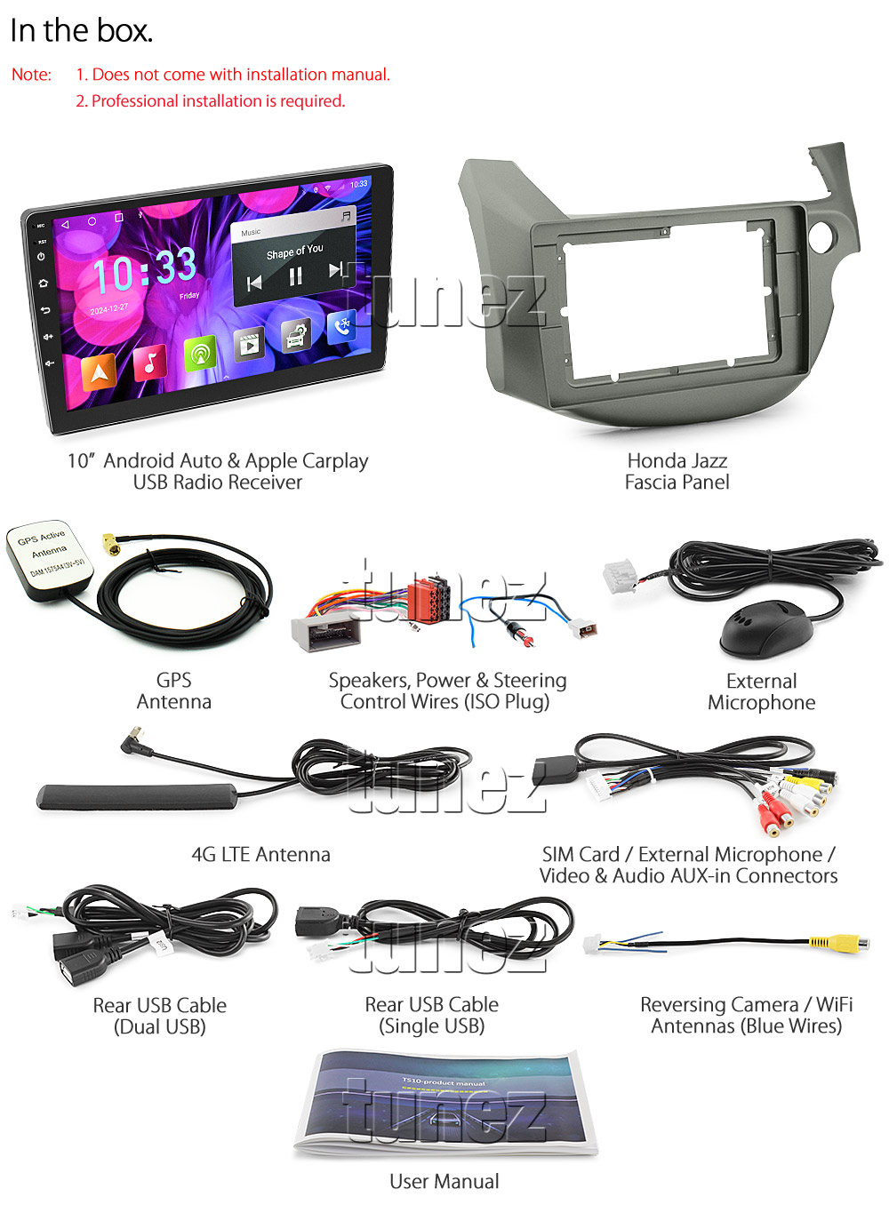 HJAZ19AND GPS Aftermarket Honda Jazz Fit Fits 2nd Generation Gen GE8 GE 2008 2009 2010 2011 2012 2013 Left Right Hand Drive RHD LHD capacitive touchscreen touchscreen Universal Double DIN Latest Australia UK European USA Original CarPlay Android Auto 10 Car USB player radio stereo 4G LTE WiFi head unit details Aftermarket External and Internal Microphone Bluetooth Europe Sat Nav Navi Plug and Play ISO Plug Wiring Harness Matching Fascia Kit Facia Free Reversing Camera Album Art ID3 Tag RMVB MP3 MP4 AVI MKV Full High Definition FHD 1080p DAB+ Digital Radio DAB + Connects2 CTSIZ001.2