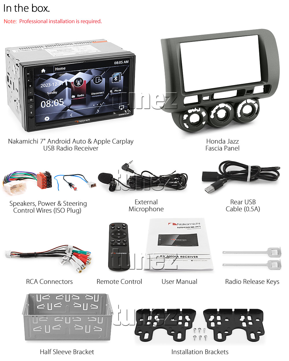 HJAZ23CP Aftermarket Honda Jazz 1sst Generation GD Chassis Nakamichi NAM3510-M7 Licensed Apple CarPlay Android Auto 2002 2003 2004 2005 2006 2007 7-inch Universal Double DIN Latest Australia UK European USA Original Car USB Charger 1.0A SD player radio stereo head unit details External and Internal Microphone Bluetooth Europe Sat Nav Navi Plug and Play ISO Plug Wiring Harness Fascia Kit Facia Free Reversing Camera Album Art ID3 Tag RMVB MP3 MP4 AVI MKV Full High Definition FHD 1080p DAB+ Digital Radio