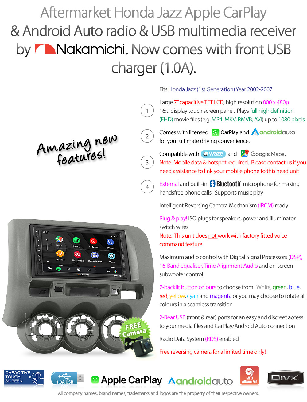 HJAZ23CP Aftermarket Honda Jazz 1sst Generation GD Chassis Nakamichi NAM3510-M7 Licensed Apple CarPlay Android Auto 2002 2003 2004 2005 2006 2007 7-inch Universal Double DIN Latest Australia UK European USA Original Car USB Charger 1.0A SD player radio stereo head unit details External and Internal Microphone Bluetooth Europe Sat Nav Navi Plug and Play ISO Plug Wiring Harness Fascia Kit Facia Free Reversing Camera Album Art ID3 Tag RMVB MP3 MP4 AVI MKV Full High Definition FHD 1080p DAB+ Digital Radio