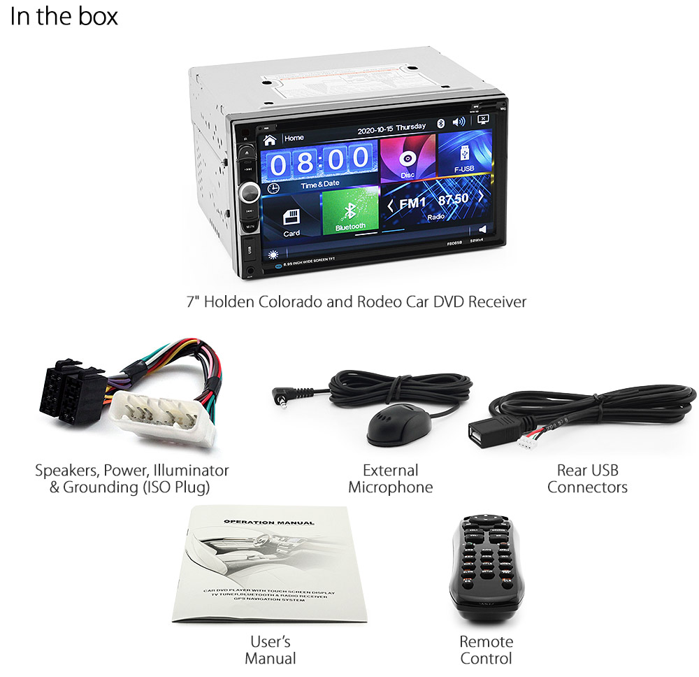 HRC06DVD 7-inch Aftermarket Holden Colorado 2008 2009 2010 2011 2012 Rodeo Generation Europe European Australia Year 2003 2004 2005 2006 2007 Chevrolet Direct Loading design car DVD USB SD player MP3 Album Art ID3 Tag RDS radio stereo head unit details Aftermarket External and Internal Microphone Bluetooth RMVB MP4 AVI MKV 1080p Free Reversing Camera UK United Kingdom Fascia Kit ISO Plug Wiring Harness Steering Wheel Control buttons Double DIN Patch Lead Connects2 CTSIZ001.2