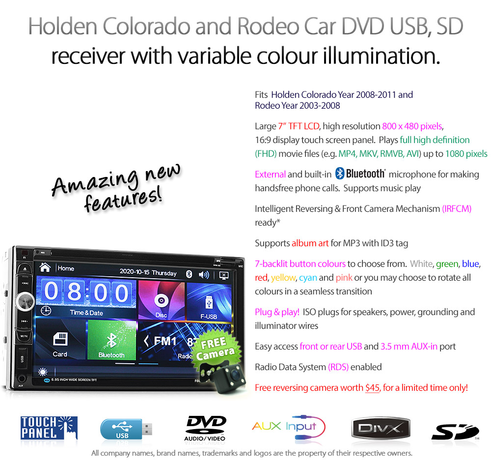 HRC06DVD 7-inch Aftermarket Holden Colorado 2008 2009 2010 2011 2012 Rodeo Generation Europe European Australia Year 2003 2004 2005 2006 2007 Chevrolet Direct Loading design car DVD USB SD player MP3 Album Art ID3 Tag RDS radio stereo head unit details Aftermarket External and Internal Microphone Bluetooth RMVB MP4 AVI MKV 1080p Free Reversing Camera UK United Kingdom Fascia Kit ISO Plug Wiring Harness Steering Wheel Control buttons Double DIN Patch Lead Connects2 CTSIZ001.2
