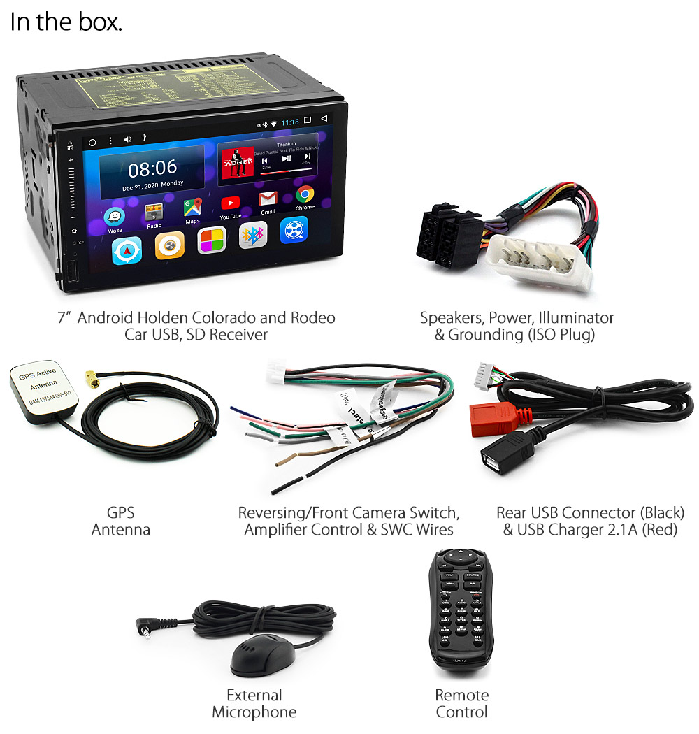 HRC08AND GPS 7-inch Aftermarket Holden Colorado 2008 2009 2010 2011 2012 Rodeo Generation Year 2003 2004 2005 2006 2007 Latest Australia UK European USA Original Universal Double DIN Android 7.1 Nougat car USB Charger 2.1A SD player radio stereo head unit details External and Internal Microphone Bluetooth Europe Sat Nav Navi Plug and Play Fascia Facia Kit ISO Plug Wiring Harness Steering Wheel Control SWC Patch Lead Connects2 Free Reversing Camera Album Art ID3 Tag RMVB MP3 MP4 AVI MKV Full High Definition FHD Apple AirPlay Air Play MirrorLink Mirror Link 1080p DAB+ Digital Radio DAB + tunez tunezmart