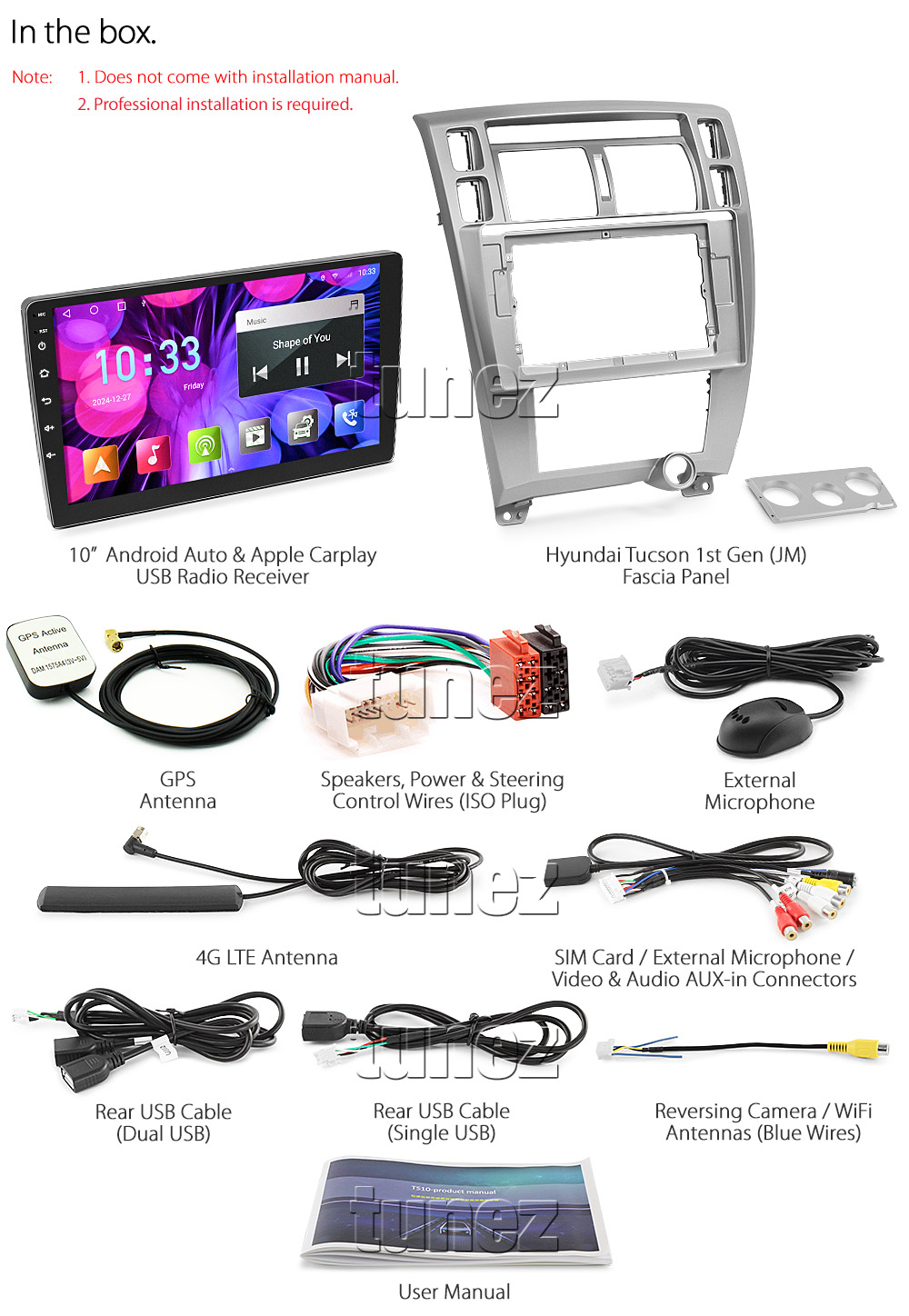 HTC01AND GPS Aftermarket Hyundai Tucson 1st Generation Gen JM chassis 2005 2006 2007 2008 2009 2010 capacitive 10 inches touchscreen Universal Double DIN Latest Australia UK European USA Original CarPlay Android Auto 10 Car USB player radio stereo 4G LTE WiFi head unit details Aftermarket External and Internal Microphone Bluetooth Europe Sat Nav Navi Plug and Play ISO Plug Wiring Harness Matching Fascia Kit Facia Free Reversing Camera Album Art ID3 Tag RMVB MP3 MP4 AVI MKV Full High Definition FHD 1080p DAB+ Digital Radio DAB + Connects2 CTSIZ001.2