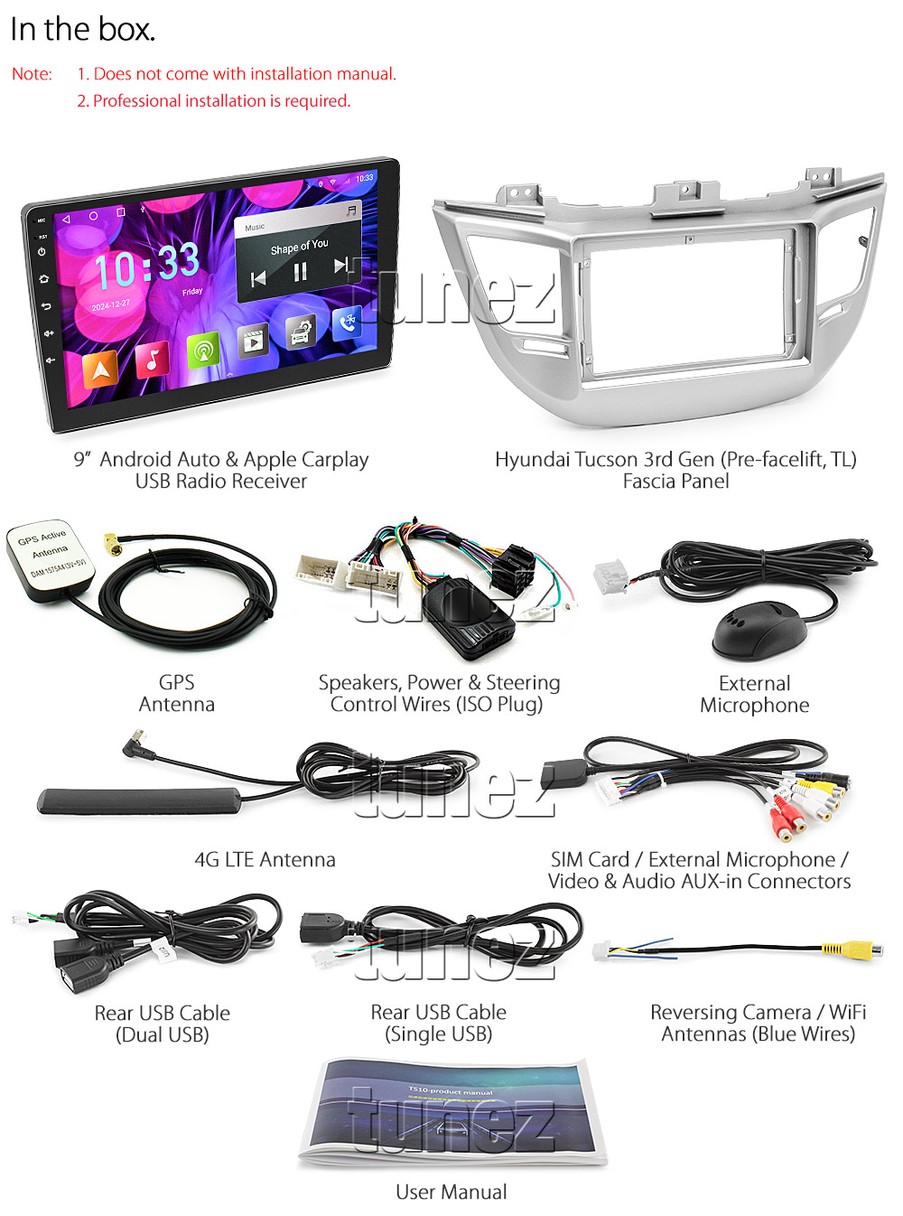 HTC02AND GPS Aftermarket Hyundai Tucson 3rd Generation Pre-Facelift TL chassis Year 2015 2016 2017 2018 9-inch touchscreen Universal Double DIN Latest Australia UK European USA Original CarPlay Android Auto 10 Car USB player radio stereo 4G LTE WiFi head unit details Aftermarket External and Internal Microphone Bluetooth Europe Sat Nav Navi Plug and Play ISO Plug Wiring Harness Matching Fascia Kit Facia Free Reversing Camera Album Art ID3 Tag RMVB MP3 MP4 AVI MKV Full High Definition FHD 1080p DAB+ Digital Radio DAB + Connects2 CTSIZ001.2