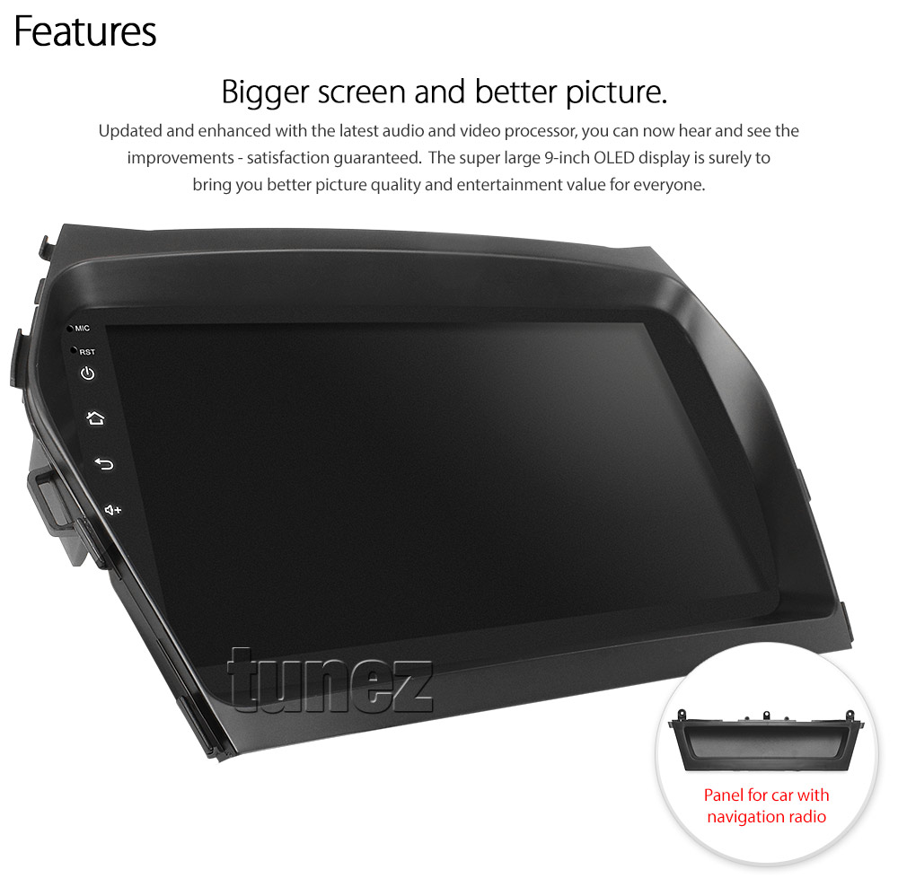 HYSF01AND GPS Aftermarket Hyundai Santa Fe DM Year 2012 2013 2014 2015 2016 2017 2018 large 9-inch 9' touchscreen Universal Double DIN Latest Australia UK European USA Apple CarPlay Android Auto 10 Car USB player radio stereo 4G LTE WiFi head unit details Aftermarket External and Internal Microphone Bluetooth Europe Sat Nav Navi Plug and Play ISO Plug Wiring Harness Matching Fascia Kit Facia Free Reversing Camera Album Art ID3 Tag RMVB MP3 MP4 AVI MKV Full High Definition FHD MyLink My Link 1080p DAB+ Digital Radio DAB + Connects2 CTSIZ001.2