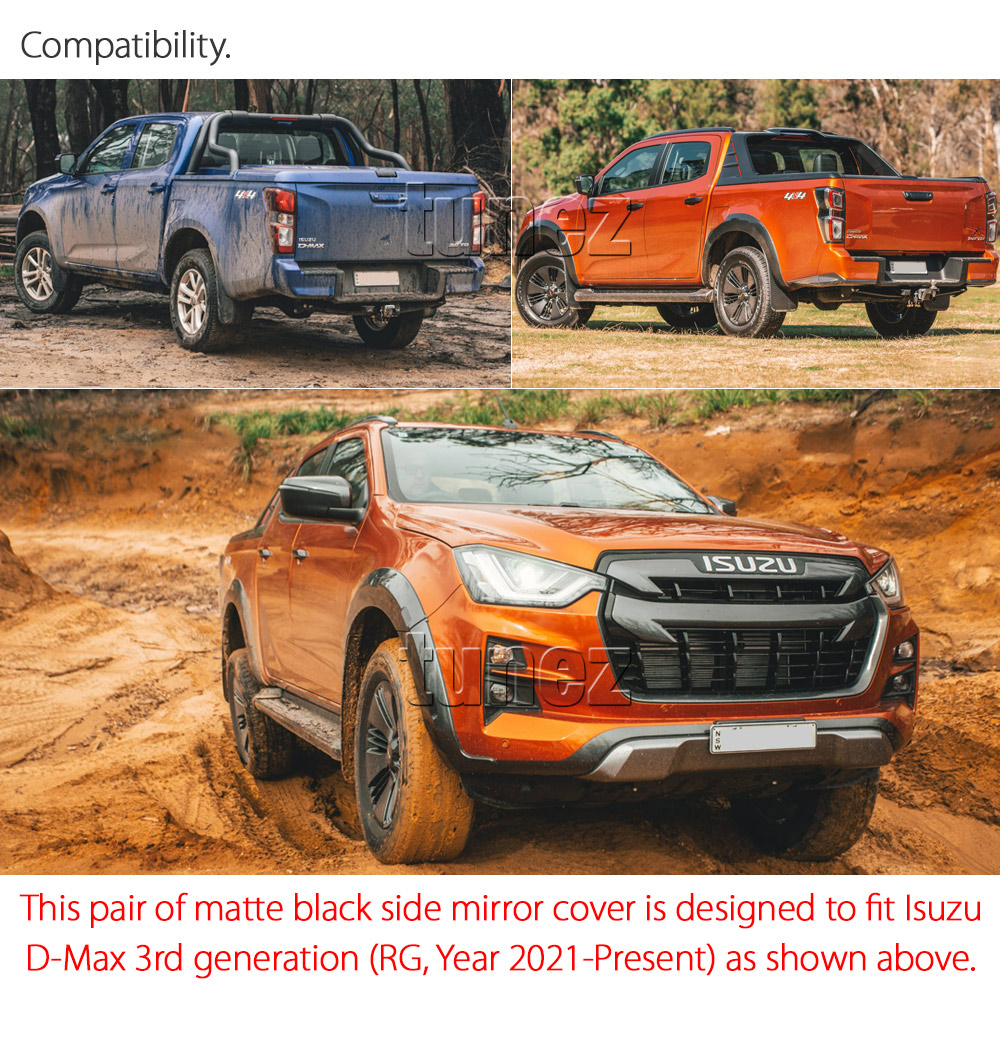 IDM12 Isuzu D-Max DMax RG RG01 Series SX LS-U LS-M High Ride X-Runner 2021 2022 2023 2024 Side Mirror Cover Guard Protector Cover ABS Trim 3rd Generation Gen Matt Matte Material Black OEM Fitting Aftermarket