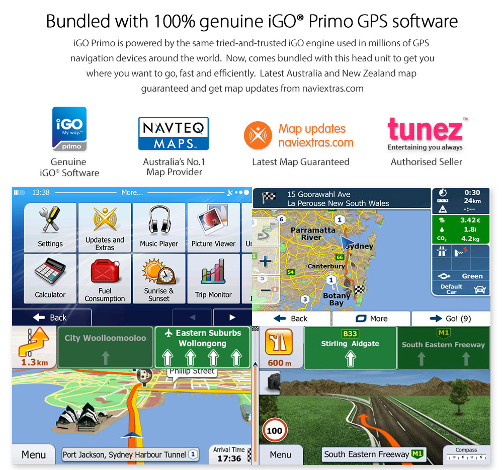 Latest Australia iGO Primo GPS NAVTEQ map tunezmart tunez NS13DVBT 6.75-inch 6.75' OEM Quality Double-DIN Universal Car DVD GPS Digital TV DVB-T MPEG-4 Dual Antenna External Box USB SD GPS player radio stereo head unit Aftermarket Bluetooth RMVB Sat Nav Navi Navigation System iGO Primo Licensed 100% Genuine Latest Australia UK Europe USA NAVTEQ map tunezmart RMVB AVI MKV MP4 Full HD 1080p Animated Display Album Art ID3 Tag AUX-in 3.5mm MirrorLink Mirror Link Android