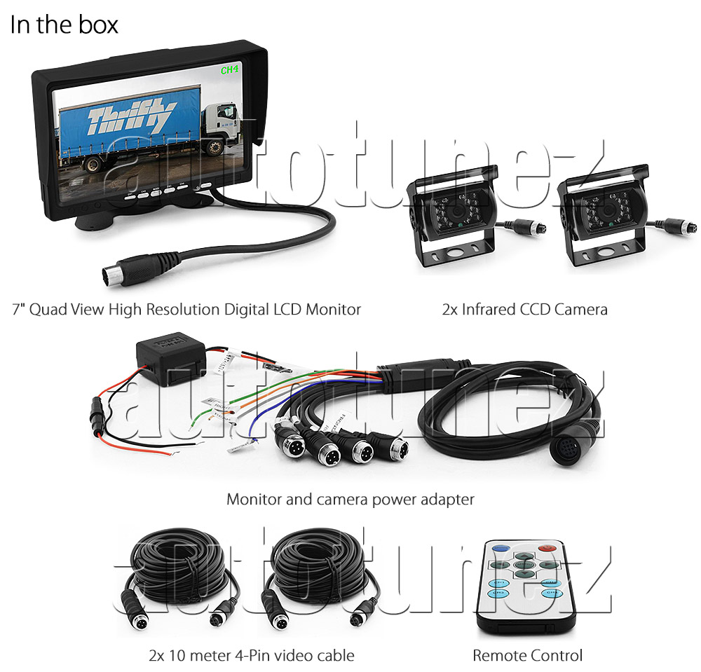 IRCAM4P02 12V 24V DC 2 3 4 Channels Camera System Caravan Motorhome Truck Trailer Bus Car Bus Van Lorry Goods Parking Reversing Park Reverse Safety Camera Surveillance Sony Lense Lens CCD 18 LED Infrared Night Vision Day Pitch Black Condition Heavy Duty 18-Months Australian Warranty 7-inch Quad View Split Screen TFT LCD digital monitor 4-Pin Waterproof video cable industry standard IP68 Dustproof CE FCC Approved RoHS Compliant Certified