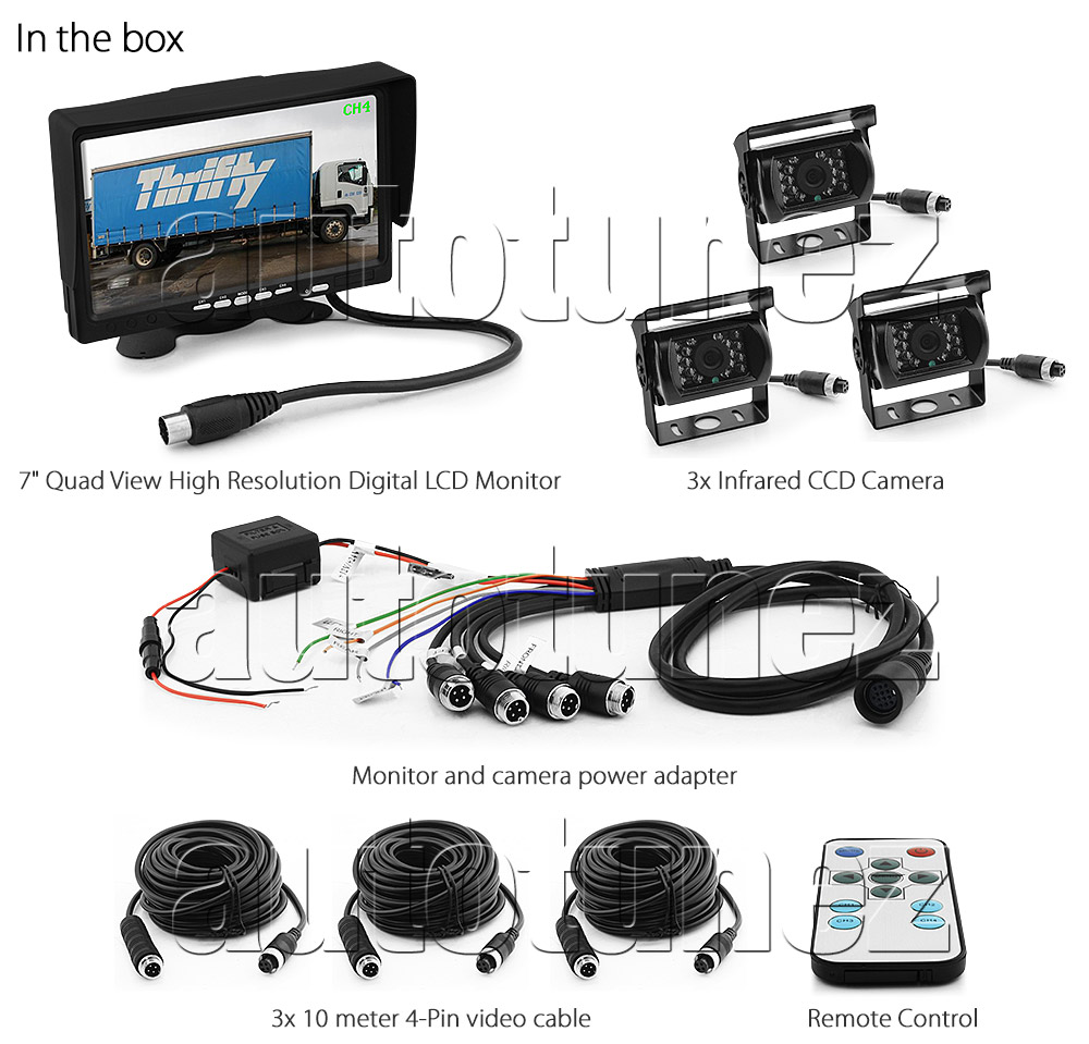 IRCAM4P02 12V 24V DC 2 3 4 Channel Camera System Caravan Motorhome Truck Trailer Bus Car Bus Van Lorry Goods Parking Reversing Park Reverse Safety Camera Surveillance Sony Lense Lens CCD 18 LED Infrared Night Vision Day Pitch Black Condition Heavy Duty 18-Months Australian Warranty 7-inch Quad View Split Screen TFT LCD digital monitor 4-Pin Waterproof video cable industry standard IP68 Dustproof CE FCC Approved RoHS Compliant Certified