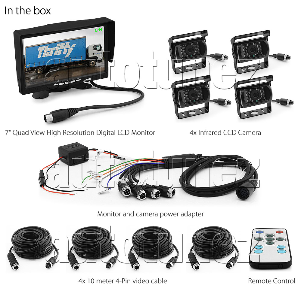 IRCAM4P02 12V 24V DC 2 3 4 Channel Camera System Caravan Motorhome Truck Trailer Bus Car Bus Van Lorry Goods Parking Reversing Park Reverse Safety Camera Surveillance Sony Lense Lens CCD 18 LED Infrared Night Vision Day Pitch Black Condition Heavy Duty 18-Months Australian Warranty 7-inch Quad View Split Screen TFT LCD digital monitor 4-Pin Waterproof video cable industry standard IP68 Dustproof CE FCC Approved RoHS Compliant Certified