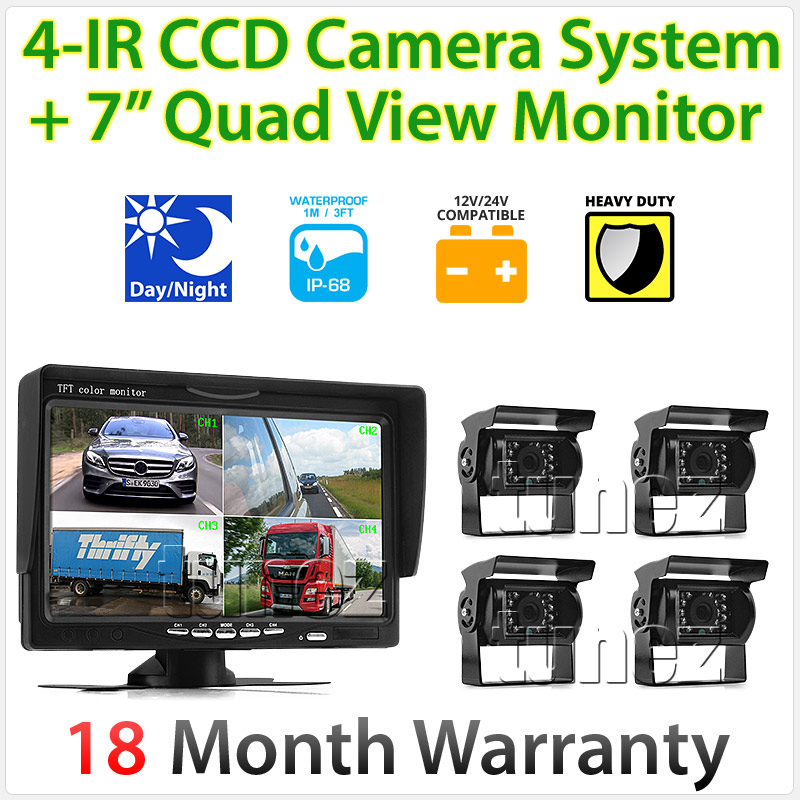 7" Quad Monitor Splitscreen CCD Reversing 4 Cameras Package 4PIN Kit Truck Car