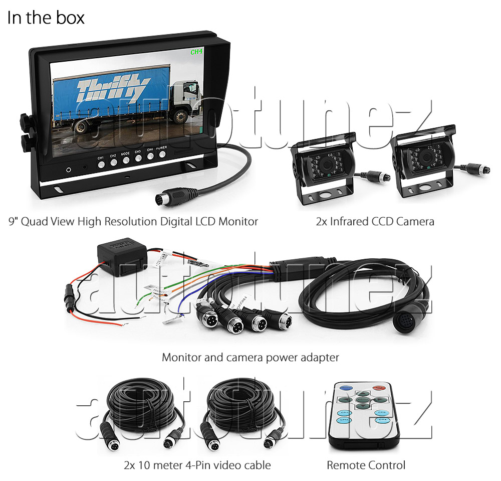 IRCAM4P03 12V 24V DC 2 3 4 Channel Camera System Caravan Motorhome Truck Trailer Bus Car Bus Van Lorry Goods Parking Reversing Park Reverse Safety Camera Surveillance Sony Lense Lens CCD 18 LED Infrared Night Vision Day Pitch Black Condition Heavy Duty 18-Months Australian Warranty 9-inch Extra Large Quad View Split Screen TFT LCD digital monitor 4-Pin Waterproof video cable industry standard IP68 Dustproof CE FCC Approved RoHS Compliant Certified