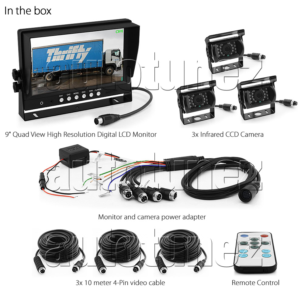 IRCAM4P03 12V 24V DC 2 3 4 Channel Camera System Caravan Motorhome Truck Trailer Bus Car Bus Van Lorry Goods Parking Reversing Park Reverse Safety Camera Surveillance Sony Lense Lens CCD 18 LED Infrared Night Vision Day Pitch Black Condition Heavy Duty 18-Months Australian Warranty 9-inch Extra Large Quad View Split Screen TFT LCD digital monitor 4-Pin Waterproof video cable industry standard IP68 Dustproof CE FCC Approved RoHS Compliant Certified