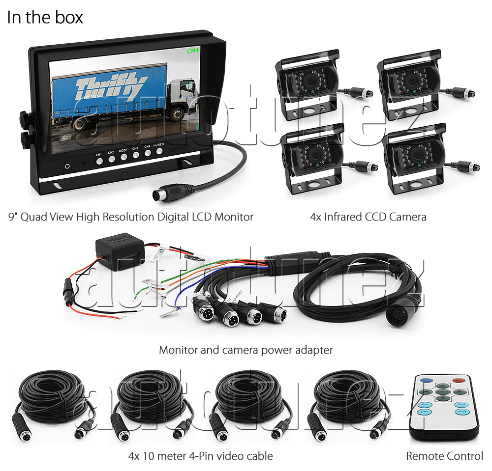 IRCAM4P03 12V 24V DC 2 3 4 Channel Camera System Caravan Motorhome Truck Trailer Bus Car Bus Van Lorry Goods Parking Reversing Park Reverse Safety Camera Surveillance Sony Lense Lens CCD 18 LED Infrared Night Vision Day Pitch Black Condition Heavy Duty 18-Months Australian Warranty 9-inch Extra Large Quad View Split Screen TFT LCD digital monitor 4-Pin Waterproof video cable industry standard IP68 Dustproof CE FCC Approved RoHS Compliant Certified