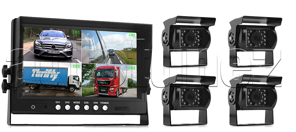 IRCAM4P03 12V 24V DC 2 3 4 Channel Camera System Caravan Motorhome Truck Trailer Bus Car Bus Van Lorry Goods Parking Reversing Park Reverse Safety Camera Surveillance Sony Lense Lens CCD 18 LED Infrared Night Vision Day Pitch Black Condition Heavy Duty 18-Months Australian Warranty 9-inch Extra Large Quad View Split Screen TFT LCD digital monitor 4-Pin Waterproof video cable industry standard IP68 Dustproof CE FCC Approved RoHS Compliant Certified