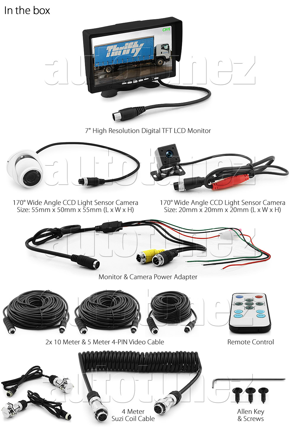 IRCAM4P05SUZI 12V 24V DC 2 Two Channel Advance 4-meter Suzi Coil Trailer Cable Caravan Camera System Motorhome Truck Bus Car Bus Van Lorry Goods Ute Parking Reversing Park Reverse Safety Camera Surveillance Sony Lense Lens CCD 12 Infrared Dome Mini LED Infrared Night Vision Day Pitch Black Condition Heavy Duty 18-Months Australian UK Warranty 7-inch View Screen TFT LCD digital monitor 4-Pin Waterproof video cable industry standard IP68 Dustproof CE FCC Approved RoHS Compliant Certified