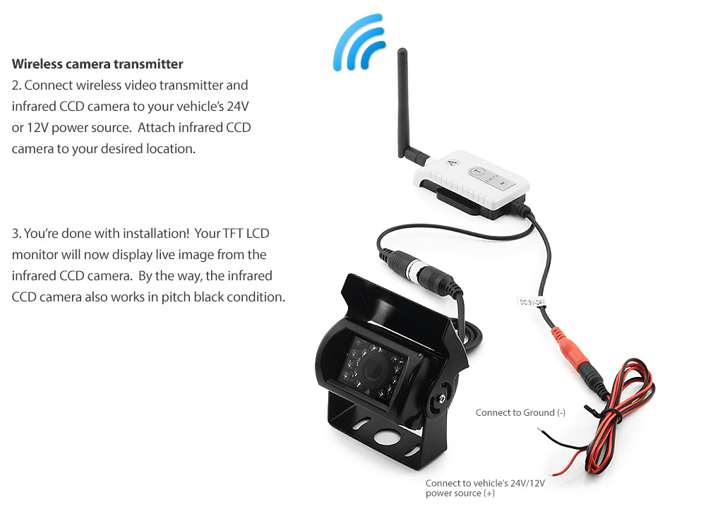 IRCAM4PWL Digital Wireless Advanced 12V 24V Receiver Transmitter 200m 200 meter DC Single 1 Channel Caravan Camera System Motorhome Truck Bus Car Bus Van Lorry Goods Ute Parking Reversing Park Reverse Safety Camera Surveillance Sony Lense Lens CCD 12 Infrared IR Dome Mini LED Infrared Night Vision Day Pitch Black Condition Heavy Duty 18-Months Australian UK Warranty 7-inch View Screen TFT LCD digital monitor 4-Pin Waterproof industry standard IP68 Dustproof CE FCC Approved RoHS Compliant Certified