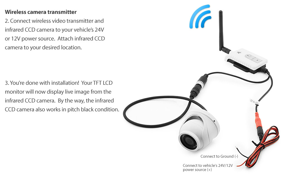 IRCAM4PWL-RD Digital Wireless Advanced 12V 24V Receiver Transmitter 200m 200 meter DC Single 1 Channel Caravan Camera System Motorhome Truck Bus Car Bus Van Lorry Goods Ute Parking Reversing Park Reverse Safety Camera Surveillance Sony Lense Lens CCD 12 Infrared IR Dome Mini LED Infrared Night Vision Day Pitch Black Condition Heavy Duty 18-Months Australian UK Warranty 7-inch View Screen TFT LCD digital monitor 4-Pin Waterproof industry standard IP68 Dustproof CE FCC Approved RoHS Compliant Certified