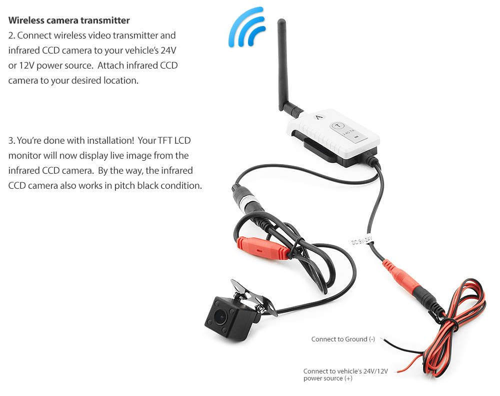 IRCAM4PWL-SQ Digital Wireless Advanced 12V 24V Receiver Transmitter 200m 200 meter DC Single 1 Channel Caravan Camera System Motorhome Truck Bus Car Bus Van Lorry Goods Ute Parking Reversing Park Reverse Safety Camera Surveillance Sony Lense Lens CCD 12 Infrared IR Dome Mini LED Infrared Night Vision Day Pitch Black Condition Heavy Duty 18-Months Australian UK Warranty 7-inch View Screen TFT LCD digital monitor 4-Pin Waterproof industry standard IP68 Dustproof CE FCC Approved RoHS Compliant Certified