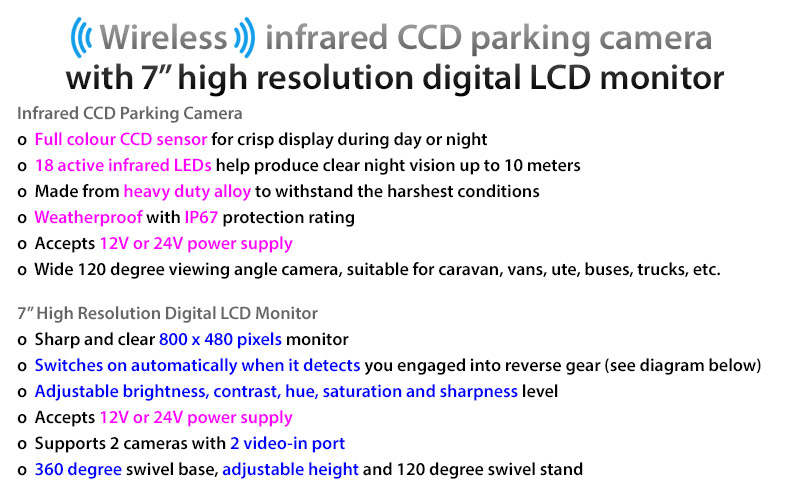Wireless Truck Bus Ute Tow Pickup Caravan Reversing Camera System Safety Car Kit 7-inch HD Monitor Screen Reverse Rear View Surveillance Backup IR Infra Red 18 LED IP67 Casing Full Colour Heavy Duty Alloy 120 degree view