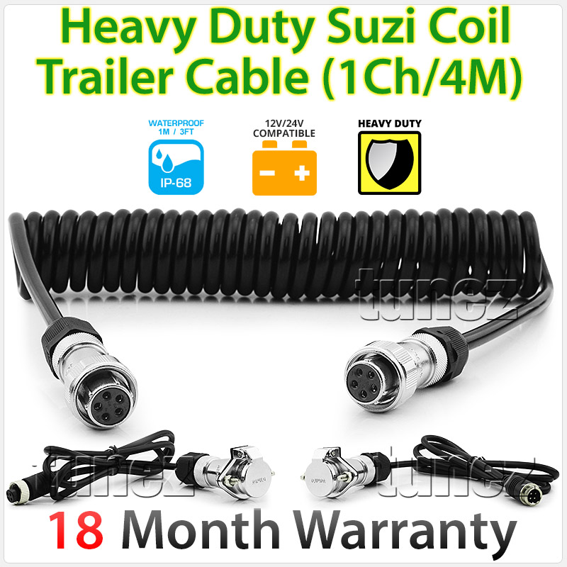 IRCAMTC-1CH Suzi Coil 4 meter Trailer Cable 12V 24V DC 2 3 4 Channel Camera System Caravan Truck Trailer Bus Car Bus Van Lorry Goods Parking Reversing Park Reverse Safety Camera Surveillance Sony Lense Lens CCD 18 LED Infrared Night Vision Day Pitch Black Condition Heavy Duty 18-Months Australian Warranty 7-inch Quad View Split Screen TFT LCD digital monitor 4-Pin Waterproof video cable industry standard IP68 Dustproof CE FCC Approved RoHS Compliant Certified