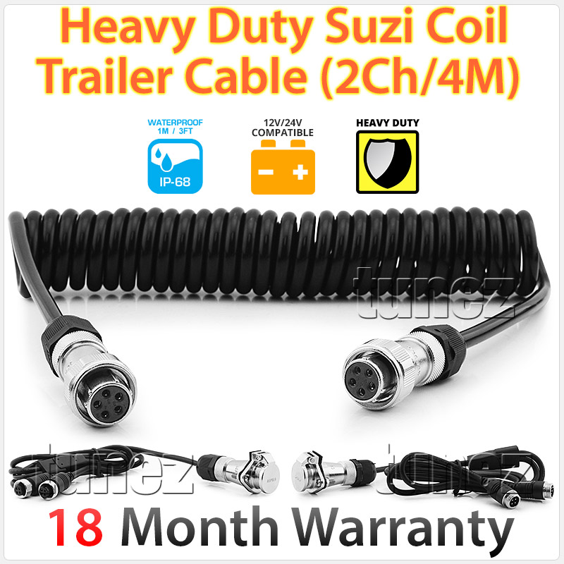 IRCAMTC-1CH Suzi Coil 4 meter Trailer Cable 12V 24V DC 2 3 4 Channel Camera System Caravan Truck Trailer Bus Car Bus Van Lorry Goods Parking Reversing Park Reverse Safety Camera Surveillance Sony Lense Lens CCD 18 LED Infrared Night Vision Day Pitch Black Condition Heavy Duty 18-Months Australian Warranty 7-inch Quad View Split Screen TFT LCD digital monitor 4-Pin Waterproof video cable industry standard IP68 Dustproof CE FCC Approved RoHS Compliant Certified