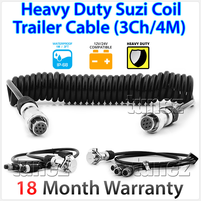 IRCAMTC-3CH Suzi Coil 4 meter Trailer Cable 12V 24V DC 2 3 4 Channel Camera System Caravan Truck Trailer Bus Car Bus Van Lorry Goods Parking Reversing Park Reverse Safety Camera Surveillance Sony Lense Lens CCD 18 LED Infrared Night Vision Day Pitch Black Condition Heavy Duty 18-Months Australian Warranty 7-inch Quad View Split Screen TFT LCD digital monitor 4-Pin Waterproof video cable industry standard IP68 Dustproof CE FCC Approved RoHS Compliant Certified