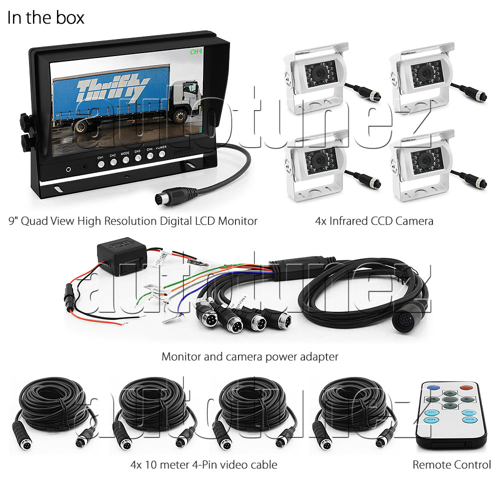 IRCAM4P03 12V 24V DC 2 3 4 Channel Camera System Caravan Motorhome Truck Trailer Bus Car Bus Van Lorry Goods Parking Reversing Park Reverse Safety Camera Surveillance Sony Lense Lens CCD 18 LED Infrared Night Vision Day Pitch Black Condition Heavy Duty 18-Months Australian Warranty 9-inch Extra Large Quad View Split Screen TFT LCD digital monitor 4-Pin Waterproof video cable industry standard IP68 Dustproof CE FCC Approved RoHS Compliant Certified