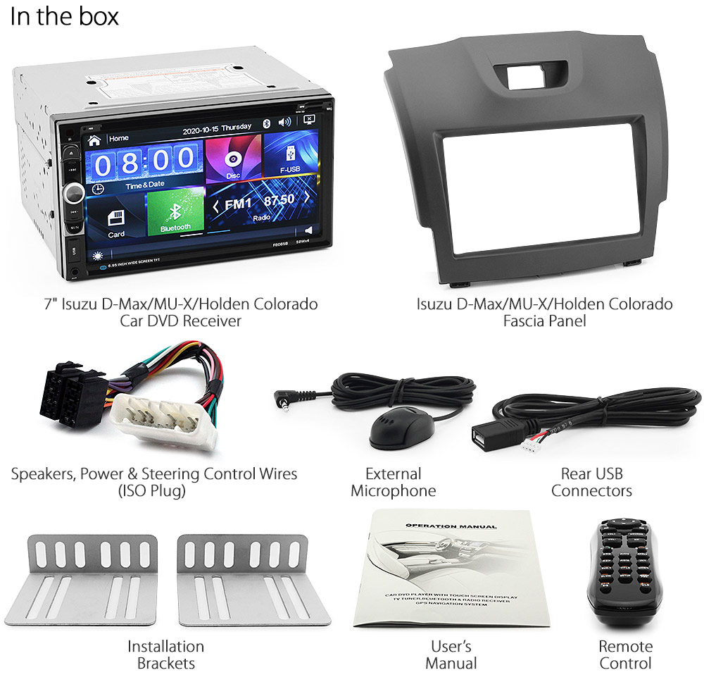 ISZ08DVD 7-inch Aftermarket Isuzu D-Max MU-X Holden Chevrolet Colorado 2nd Generation Gen Europe European Australia Year 2012 2013 2014 2015 2016 2017 2018 Direct Loading design car DVD USB SD player MP4 MKV RMVB AVI 1080p Full High Definition FHD Album Art ID3 Tag RDS radio stereo head unit details Aftermarket External and Internal Microphone Bluetooth Free Reversing Camera UK United Kingdom Fascia Kit ISO Plug Wiring Harness Steering Wheel Control buttons Double DIN Patch Lead Connects2 CTSIZ001.2