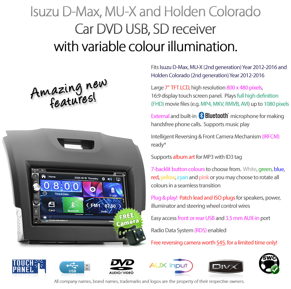 ISZ08DVD 7-inch Aftermarket Isuzu D-Max MU-X Holden Chevrolet Colorado 2nd Generation Gen Europe European Australia Year 2012 2013 2014 2015 2016 2017 2018 Direct Loading design car DVD USB SD player MP4 MKV RMVB AVI 1080p Full High Definition FHD Album Art ID3 Tag RDS radio stereo head unit details Aftermarket External and Internal Microphone Bluetooth Free Reversing Camera UK United Kingdom Fascia Kit ISO Plug Wiring Harness Steering Wheel Control buttons Double DIN Patch Lead Connects2 CTSIZ001.2