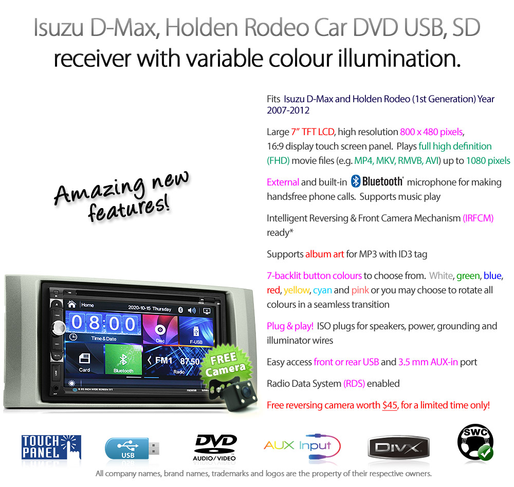 MBT10DVD Ford Ranger PJ PK Mazda BT-50 2006 2007 2008 2009 2010 2011 MK1 MK2 7-inch Double DIN Direct Loading design car DVD USB SD player radio stereo head unit details Aftermarket External and Internal Microphone Bluetooth MP3 MP4 AVI MKV RMVB Fascia Facia Kit Panel Trim ISO Plug Wiring Harness Reversing Camera 1080p FHD HD Full High Definition 3.5mm AUX-in Plug and Play Installation Dimension tunez tunezmart Patch Lead Compatible 
