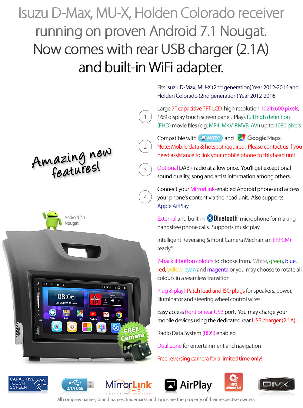 ISZ15AND GPS Aftermarket Isuzu D-Max MU-X Holden Chevrolet Colorado 2nd Generation Gen Europe European Australia USA Year 2012 2013 2014 2015 2016 2017 2018 2019 Original Android 7.1 Nougat car USB Charger 2.1A SD player radio stereo head unit details Aftermarket External and Internal Microphone Bluetooth Europe Sat Nav Navi Plug and Play ISO Plug Wiring Harness Matching Fascia Kit Facia Free Reversing Camera Album Art ID3 Tag RMVB MP3 MP4 AVI MKV Full High Definition FHD AirPlay Air Play MirrorLink Mirror Link 1080p DAB+ Digital Radio DAB + Double DIN Patch Lead Connects2 CTSIZ001.2