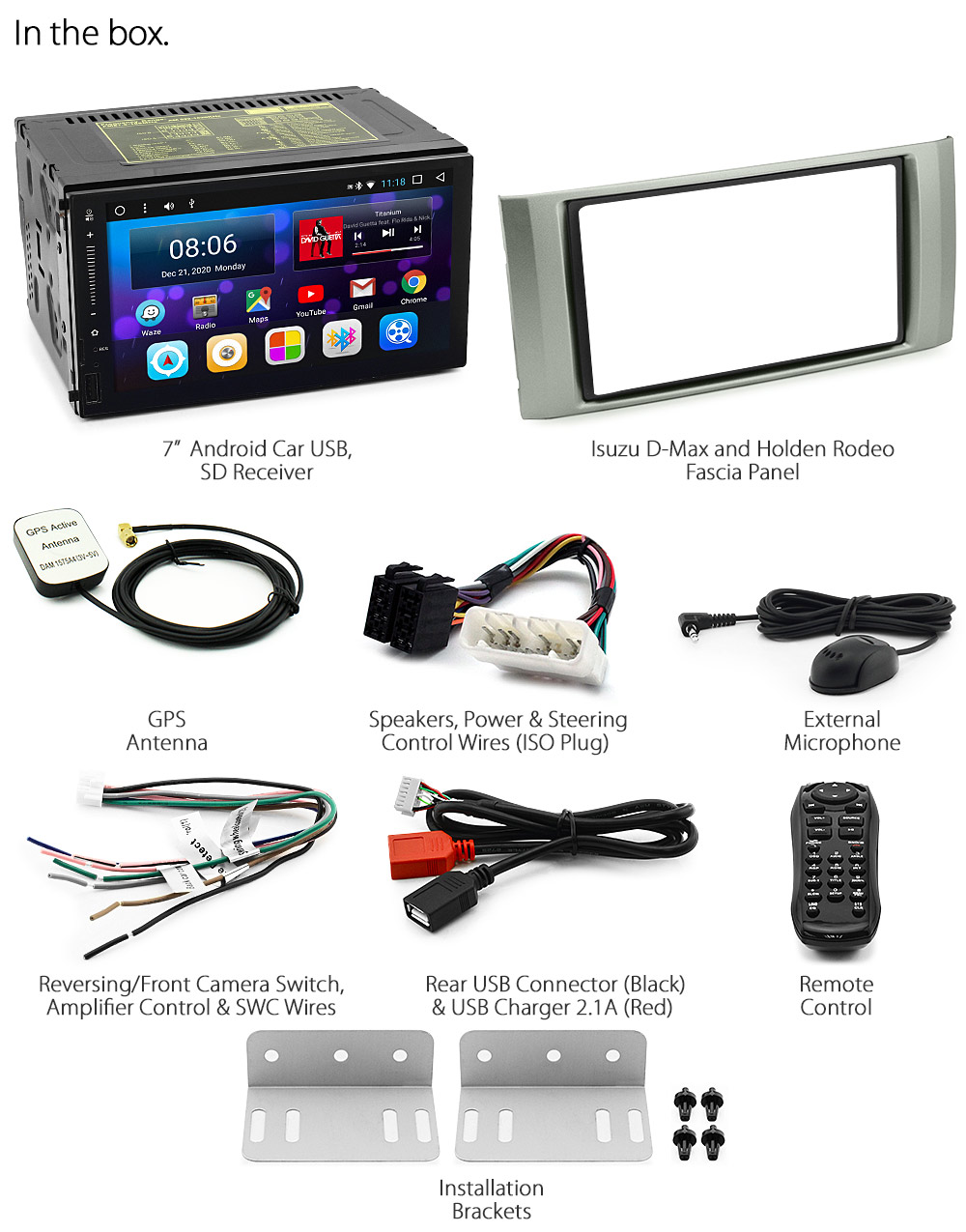 ISZ16AND GPS 7-inch Aftermarket Isuzu D-Max 1st Generation Europe European Australia Year 2006 2007 2008 2009 2010 2011 2012 Holden Rodeo Chevrolet Latest Australia UK European USA Original Universal Double DIN Android 7.1 Nougat car USB Charger 2.1A SD player radio stereo head unit details External and Internal Microphone Bluetooth Europe Sat Nav Navi Plug and Play Fascia Facia Kit ISO Plug Wiring Harness Steering Wheel Control SWC Patch Lead Connects2 Free Reversing Camera Album Art ID3 Tag RMVB MP3 MP4 AVI MKV Full High Definition FHD Apple AirPlay Air Play MirrorLink Mirror Link 1080p DAB+ Digital Radio DAB + tunez tunezmart