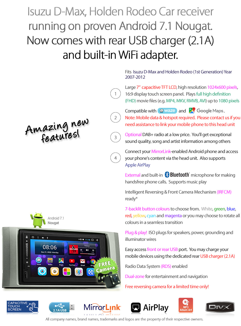 ISZ16AND GPS 7-inch Aftermarket Isuzu D-Max 1st Generation Europe European Australia Year 2006 2007 2008 2009 2010 2011 2012 Holden Rodeo Chevrolet Latest Australia UK European USA Original Universal Double DIN Android 7.1 Nougat car USB Charger 2.1A SD player radio stereo head unit details External and Internal Microphone Bluetooth Europe Sat Nav Navi Plug and Play Fascia Facia Kit ISO Plug Wiring Harness Steering Wheel Control SWC Patch Lead Connects2 Free Reversing Camera Album Art ID3 Tag RMVB MP3 MP4 AVI MKV Full High Definition FHD Apple AirPlay Air Play MirrorLink Mirror Link 1080p DAB+ Digital Radio DAB + tunez tunezmart