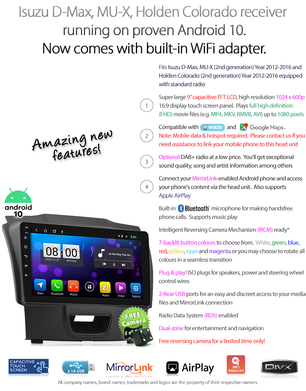ISZ17AND GPS Aftermarket Isuzu D-Max MU-X Holden Chevrolet Colorado 2nd Generation Gen Year 2012 2013 2014 2015 2016 2017 2018 2019 large 9-inch 9' touchscreen Universal Double DIN Latest Australia UK European USA Original Android 8.1 8 Oreo car USB player radio stereo head unit details Aftermarket External and Internal Microphone Bluetooth Europe Sat Nav Navi Plug and Play ISO Plug Wiring Harness Matching Fascia Kit Facia Free Reversing Camera Album Art ID3 Tag RMVB MP3 MP4 AVI MKV Full High Definition FHD AirPlay Air Play MirrorLink Mirror Link MyLink My Link 1080p DAB+ Digital Radio DAB + Connects2 CTSIZ001.2