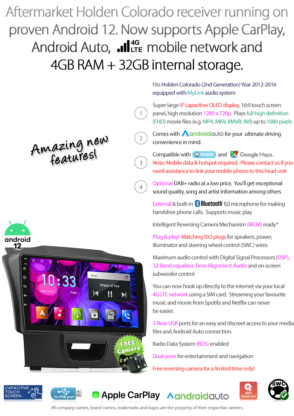 ISZ17AND GPS Aftermarket Holden Chevrolet Colorado 2nd Generation Gen Year 2012 2013 2014 2015 2016 large 9-inch 9' touchscreen Universal Double DIN Latest Australia UK European USA Original CarPlay Android Auto 10 Car USB player radio stereo 4G LTE WiFi head unit details Aftermarket External and Internal Microphone Bluetooth Europe Sat Nav Navi Plug and Play ISO Plug Wiring Harness Matching Fascia Kit Facia Free Reversing Camera Album Art ID3 Tag RMVB MP3 MP4 AVI MKV Full High Definition FHD MyLink My Link 1080p DAB+ Digital Radio DAB + Connects2 CTSIZ001.2