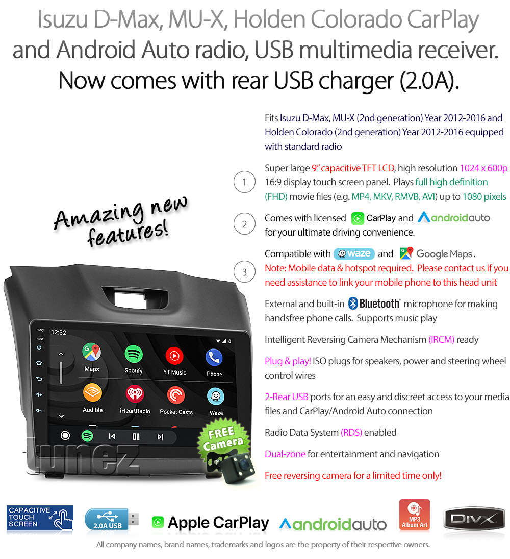 ISZ18CP ISZ18 Licensed Apple CarPlay Android Auto GPS Isuzu D-Max MU-X Holden Chevrolet Colorado 2nd Generation Gen Year 2012 2013 2014 2015 2016 2017 2018 2019 Super Large 9-inch 9