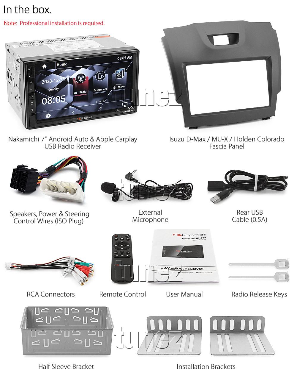 ISZ22CP Aftermarket Isuzu D-Max MU-X Holden Colorado Nakamichi NAM3510-M7 Licensed Apple CarPlay Android Auto 2012 2013 2014 2015 2016 7-inch Universal Double DIN Latest Australia UK European USA Original Car USB Charger 1.0A SD player radio stereo head unit details External and Internal Microphone Bluetooth Europe Sat Nav Navi Plug and Play ISO Plug Wiring Harness Fascia Kit Facia Free Reversing Camera Album Art ID3 Tag RMVB MP3 MP4 AVI MKV Full High Definition FHD 1080p DAB+ Digital Radio