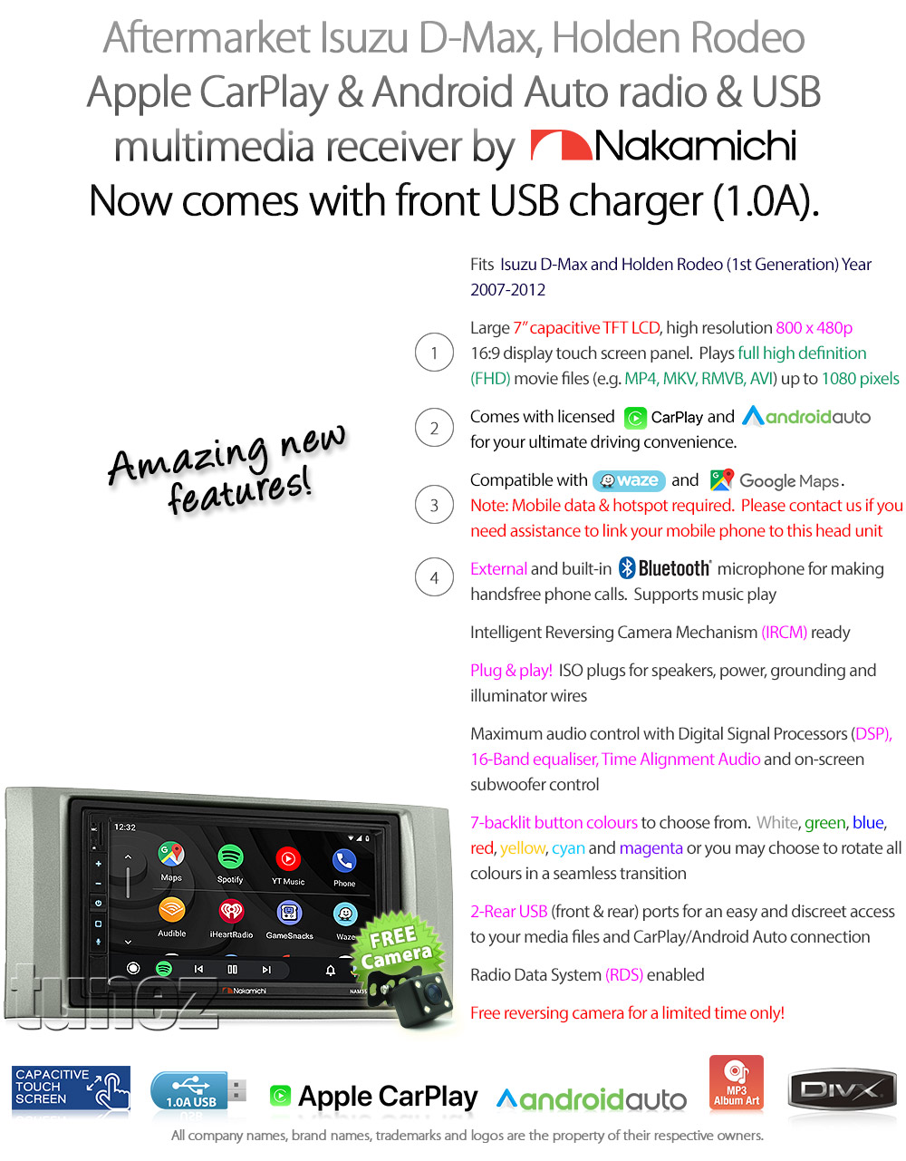 ISZ23CP Aftermarket Isuzu D-Max Holden Rodeo First 1st Generation Nakamichi NAM3510-M7 Licensed Apple CarPlay Android Auto 2007 2008 2009 2010 2011 2012 7-inch Universal Double DIN Latest Australia UK European USA Original Car USB Charger 1.0A SD player radio stereo head unit details External and Internal Microphone Bluetooth Europe Sat Nav Navi Plug and Play ISO Plug Wiring Harness Fascia Kit Facia Free Reversing Camera Album Art ID3 Tag RMVB MP3 MP4 AVI MKV Full High Definition FHD 1080p DAB+ Digital Radio