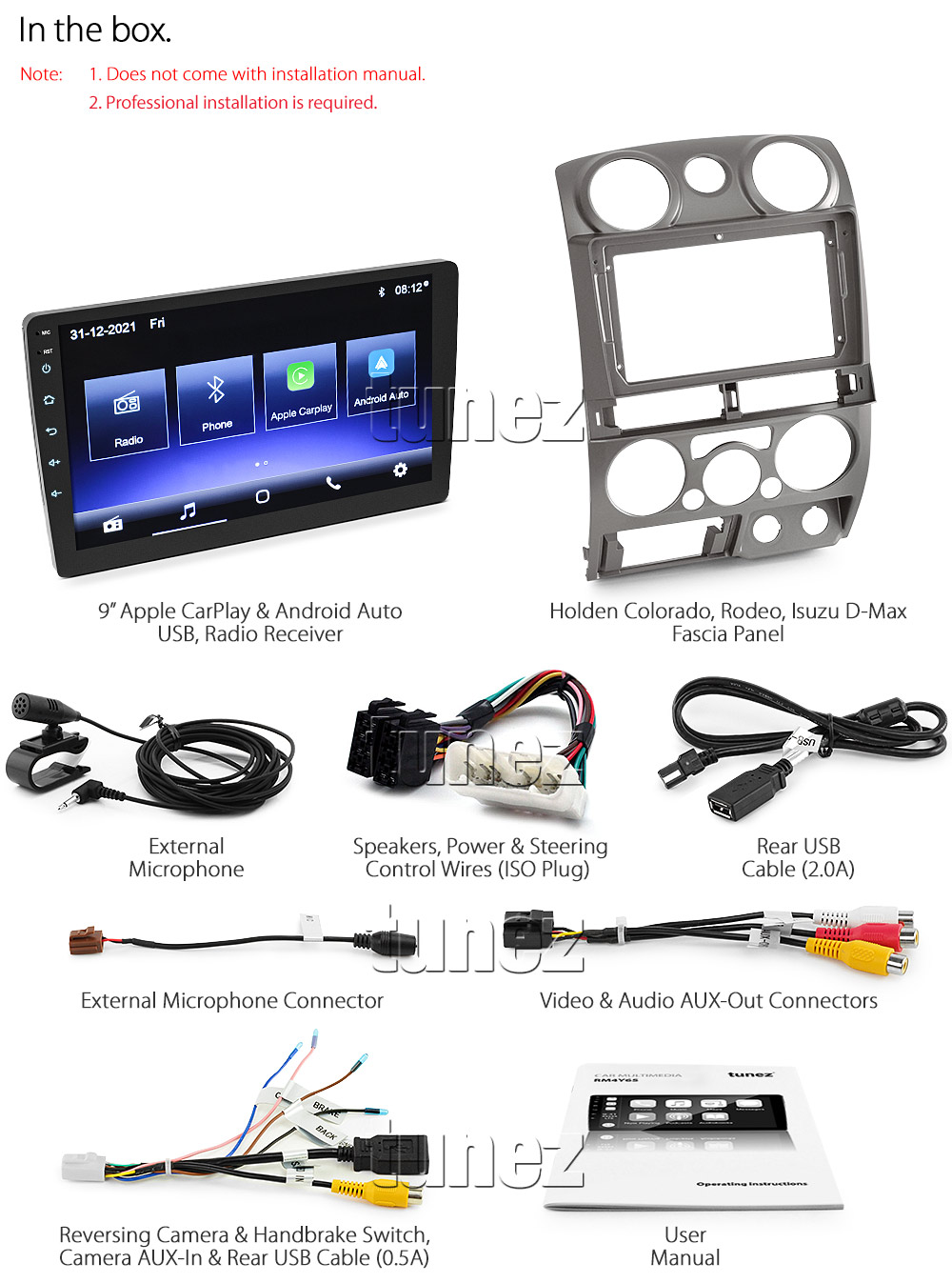 ISZ25CP Licensed Apple CarPlay Android Auto GPS Aftermarket Isuzu D-Max Holden Rodeo Colorado RA RC 1st Generation Europe European Australia Year 2007 2008 2009 2010 2011 2012 Super Large 9-inch Touch Screen IPS Capacitive Universal Double DIN Latest Australia UK European USA Original Car USB 2.0A Charge player radio stereo head unit Aftermarket External and Internal Microphone Bluetooth Europe Sat Nav Navi Plug and Play ISO Plug Wiring Harness Matching Fascia Kit Facia Free Reversing Camera Album Art ID3 Tag RMVB MP3 MP4 AVI MKV Full High Definition FHD AirPlay Air Play MirrorLink Mirror Link Connects2 CTSIZ001.2